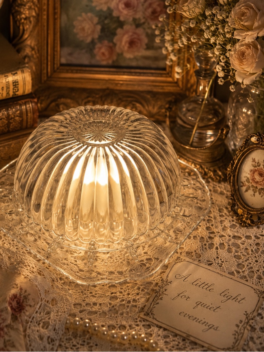 Vintage Clear Pressed Glass Fairy Lamp | Ribbed Bowl & Square Plate